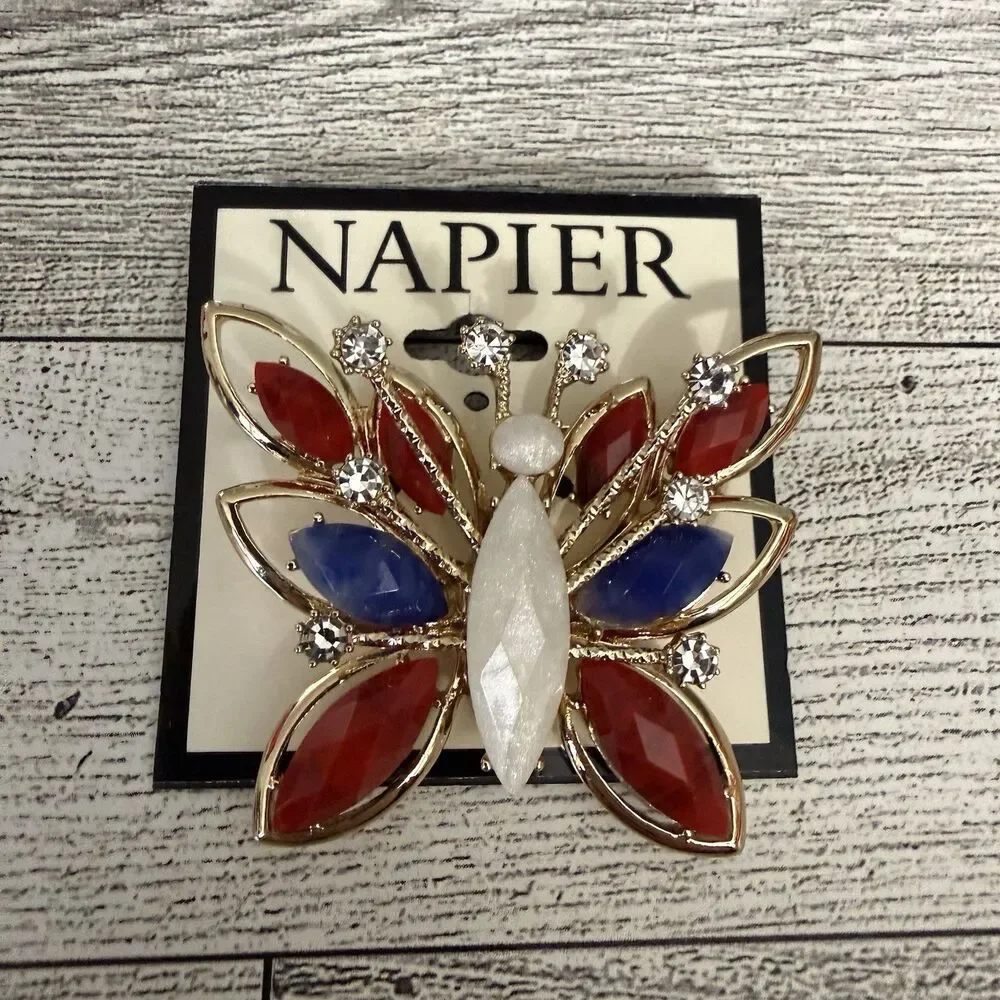 Napier Patriotic Butterfly Pin Brooch Red White Blue USA Gold Tone 4th July New